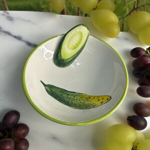 Vintage Ucagco Ceramic 3D Bowl Serving Dish Cucumbers White Green Trim Round